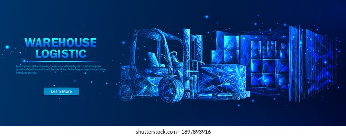 Warehouse logistics. Abstract vector in futuristic polygonal style with wireframe, lowpoly triangles on a blue background with stars. Logistics concept. Transportation and distribution of goods.