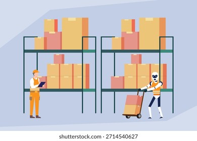 Automação de Logística de Depósito: Colaboração de Robôs e Trabalhadores Humanos no Gerenciamento de Inventário Ilustração de vetor plano 2d