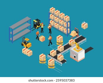 Warehouse Logistics and Automation with Workers and Machinery 3d flat vector illustrations
