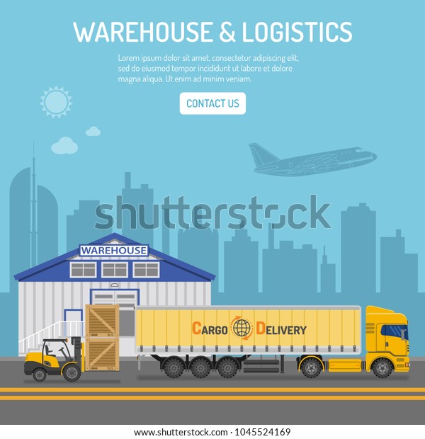 Warehouse,\
logistics banner and infographics with flat Icons delivery, truck,\
cityline and forklift. Vector\
illustration