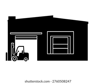 Warehouse Logistics Building Vector Silhouette Illustration with Forklift Loading Dock and Rolling Garage Door for Distribution Center Design
