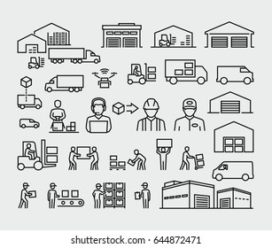Warehouse logistics buildings, cargo trucks, forklifts and workers vector line icons set