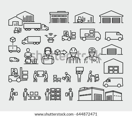 Warehouse logistics buildings, cargo trucks, forklifts and workers vector line icons set