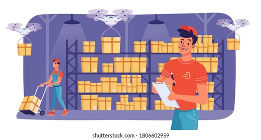 Warehouse logistics and cargo box delivery, storage workers, vector flat design. Modern warehouse drones delivering parcels, logistics and delivery automation technology of storehouse distribution