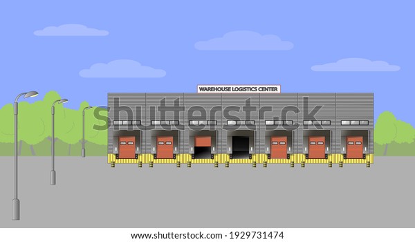 Warehouse logistics center. Delivery of\
goods by road. Vector flat\
illustration