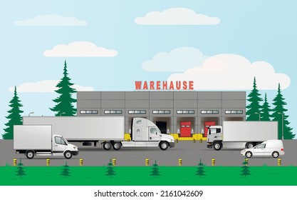 Warehouse logistics complex. Vehicles for the delivery of goods with a carrying capacity of 20, 10, 3, 0.5 tons. Flat vector illustration.