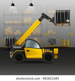 Warehouse and logistics composition with forklift and cargo symbols realistic vector illustration 