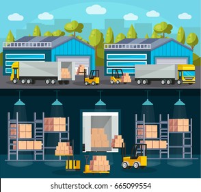 Warehouse logistics compositions with product shipment to trucks and interior of storehouse and machinery isolated vector illustration