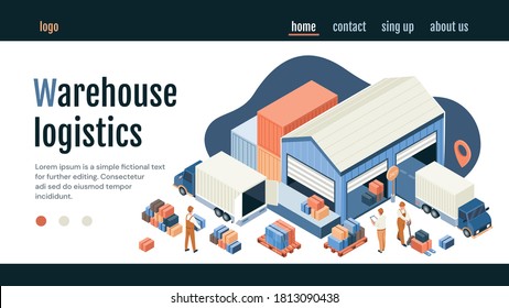 Warehouse logistics concept with delivery trucks parked at loading bays and staff moving boxes and packages for distribution, colored vector illustration