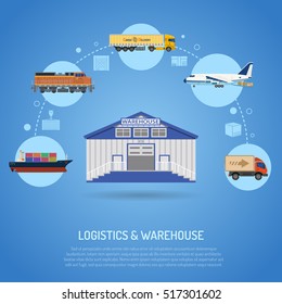 Warehouse and logistics concept with flat Icons Set for marketing and advertising with storage, delivery, truck, tanker and air cargo. vector illustration