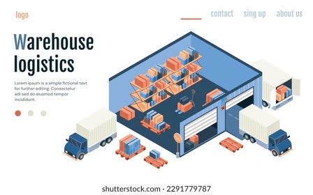 Logistikkonzept für Lager. Zimmer mit Kisten neben LKW. Online-Einkauf und Transport von Waren, Import und Export. Landing Page Design. Cartoon isometrische Vektorgrafik