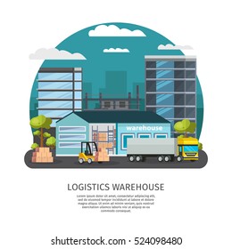Warehouse logistics design including storehouse with shelves and truck forklift with goods city buildings vector illustration