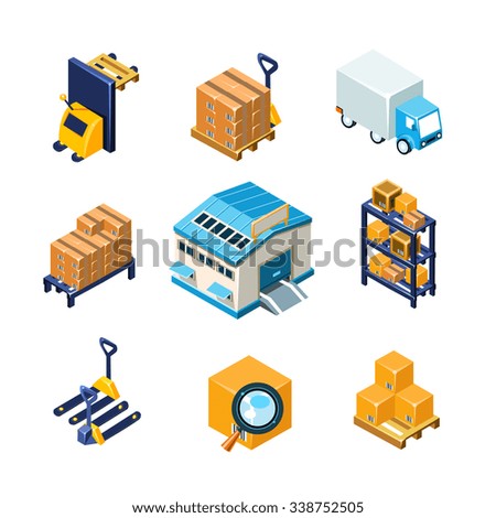 Warehouse and Logistics Equipment Icon Set. Flat Vector Illustration Collection
