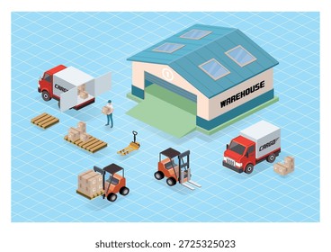 Almacén, logística y fábrica. Moviendo trabajadores, camiones, entrega, cajas.