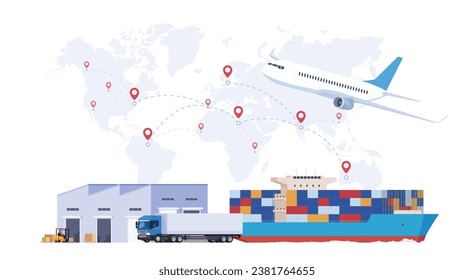 Warehouse, logistics of goods. Storage and transportation of products around the world. International transportation by sea, by air, by road. Vector illustration