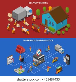 Warehouse and logistics horizontal isometric banners set with delivery symbols isolated vector illustration 