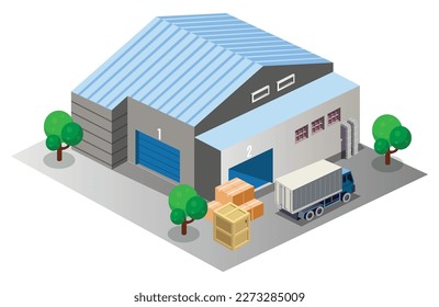 Lagerhaus Logistik Symbol für moderne 3D-Architektur LKW-Skizze.