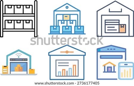 Warehouse and Logistics Icons Set for Supply Chain Management, Inventory Storage, Distribution, Shipping and Industrial Transportation Design
