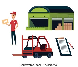 Warehouse. Logistics illustrations collection. Warehouse center, checklist, forklift and worker. Modern flat style vector illustration isolated on white background