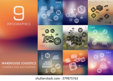 warehouse logistics infographic with unfocused background
