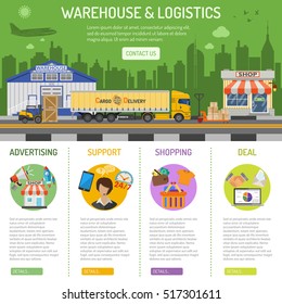 Warehouse and logistics infographics with flat Icons Set for e-commerce marketing and advertising with shop, delivery, truck, cityline and forklift. vector illustration