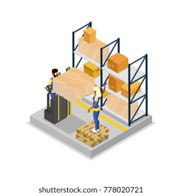 Warehouse logistics isometric 3D icon with workers. Storage management and cargo shipping service vector illustration isolated on white background.