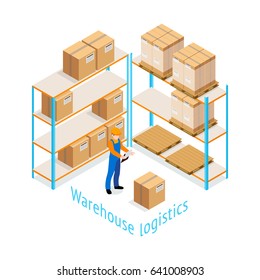 Warehouse Logistics Isometric Design With Worker Doing Inventory Of Goods Stored On Shelves 3d Vector Illustration