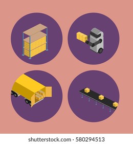 Warehouse logistics isometric icons isolated vector illustration. Freight truck, boxes on shelves, delivery conveyor, warehouse robot round icons. Freight automatic delivery, logistics technology
