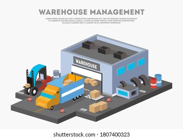 Warehouse logistics. Isometric storehouse building, cargo truck, forklift, delivery parcel on pallet illustration. Freight shipping and distribution. Warehouse management and logistics vector poster