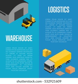 Warehouse logistics isometric vector illustration. Commercial cargo truck, forklift with boxes, loading process. Local delivery service, distribution business, freight shipping, cargo transportation