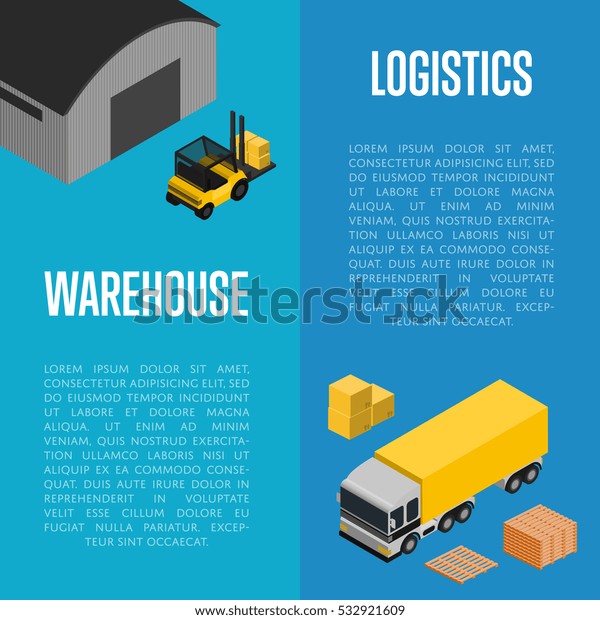 Warehouse logistics isometric vector\
illustration. Commercial cargo truck, forklift with boxes, loading\
process. Local delivery service, distribution business, freight\
shipping, cargo\
transportation