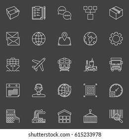 Warehouse and logistics outline icons - vector minimal delivery and transportation linear symbols on dark background