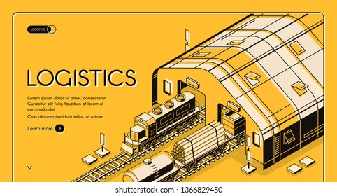 Warehouse logistics, railway wood delivery and transportation process, global shipping distribution, goods export, import over the world service. Isometric vector illustration, banner, landing page