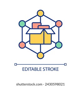 Warehouse logistics RGB color icon. Supply chain management. Global shipping industry. Distribution center. Isolated vector illustration. Simple filled line drawing. Editable stroke. Arial font used