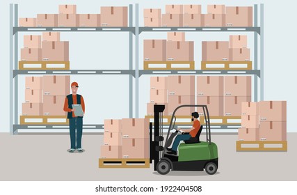 Warehouse of the logistics service of storage and delivery. Uniformed staff, crates on a shelf, a forklift with a man at the wheel. Vector illustration.