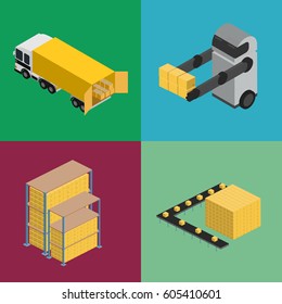 Warehouse logistics set. Isometric delivery freight truck, storage racks shelves for storing parcel box, robot loader and transportation conveyer line for automation warehouse logistic management
