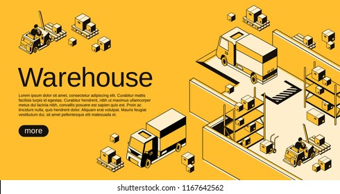 Warehouse logistics and shipment vector illustration in isometric black thin line art on yellow halftone background. Storehouse workers on loader forklift trucks with delivery parcels on pallets