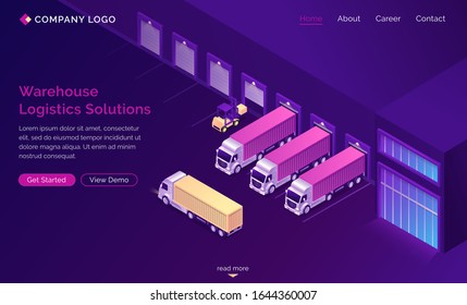 Warehouse logistics solutions isometric landing page, truck delivery service, transportation process, global shipping distribution, goods export import over the world 3d vector illustration web banner