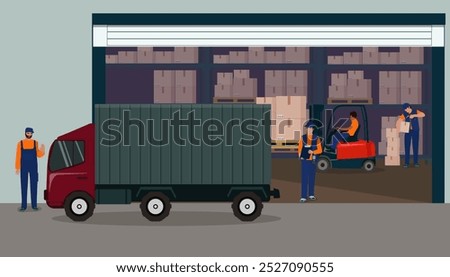 Warehouse of the logistics storage service. Staff, racks, valuables, truck, forklift. Vector illustration.