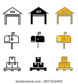 Warehouse logistics and storage vector icon set. Contains 9 elements with freight pallet, delivery garage building, and post mailbox.