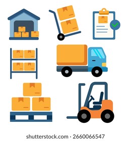 warehouse, logistics, supply chain, storage flat design icon set