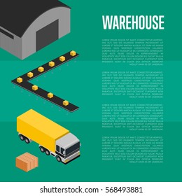 Warehouse logistics and transportation isometric vector illustration. Commercial truck near cargo storage terminal. Warehouse logistics, delivery business, freight shipping company concept