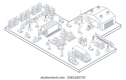 Warehouse logistics with workers loading products onto trucks, supported by AGVs, and AMRs for efficient transportation, encompassing export and import operations with pallets and cardboard boxes.