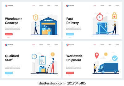 Warehouse logistics, worldwide delivery service vector illustration. Cartoon modern concept landing page set with professional staff working, cargo freight shipment, courier and truck transport