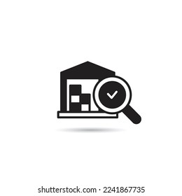 warehouse and magnifier with check mark icon on white background 