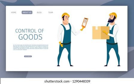 Warehouse Male Worker Control of Goods Delivery. Picture of Factory Staff Character Checking Carton Box with Barcode. Two Engineer in Overall Uniforn and Hard Hat. Flat Cartoon Vector Illustration