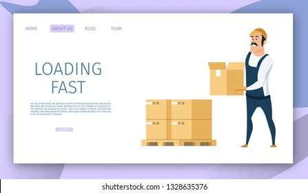 Warehouse Male Worker Loading Carton Box on Tray. Smiling Service Man Character Wearing Overall Uniform and Hard Hat Holding Cardboard Package in Hand. Flat Cartoon Vector Illustration