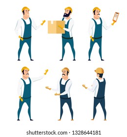 Warehouse Male Worker in Uniform Character Set. Happy Smiling Standing Factory Storage Man in Overall Working Outfit and Hard Hat. Holding Box, Checking List. Flat Cartoon Vector Illustration