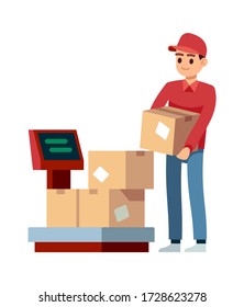 Warehouse. Man puts boxes on scales in industry offices, isolated vector comcept of delivery services and unloading