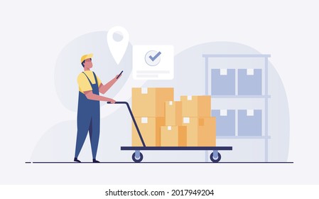 Warehouse man worker with a cart with a load with a phone in hand, in a warehouse. vector illustration